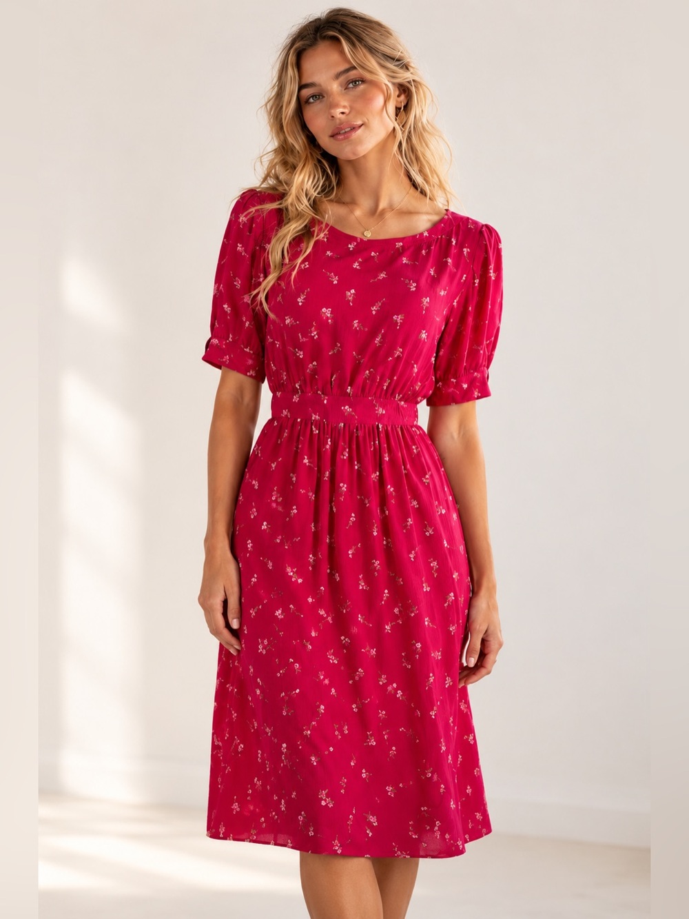 SILK STUDIO Vintage 80's 100% Silk Cottagecore Fuchsia Smocked Waist Dress